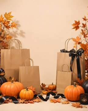 Halloween ecommerce sale background with paper shopping bags and pumpkins for seasonal retail promotions and marketing