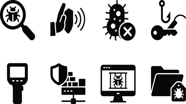 Cybersecurity malware detection antivirus protection phishing threat and server security black vector icon set isolated on white background