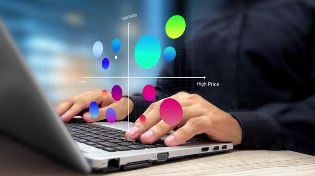 Market Positioning Strategy Map. Brand Positioning, Consumer Insights, Competitive Analysis, Target Audience and Segmentation. Person Using Laptop for Marketing Research. 4K Video