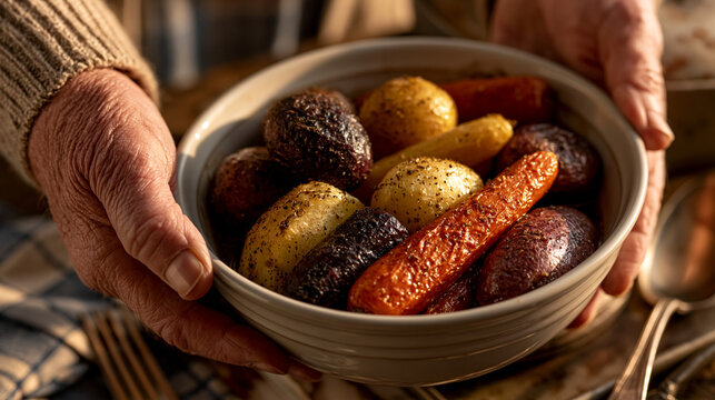 Elderly person holding a bowl of roasted root vegetables and potatoes with vegetables