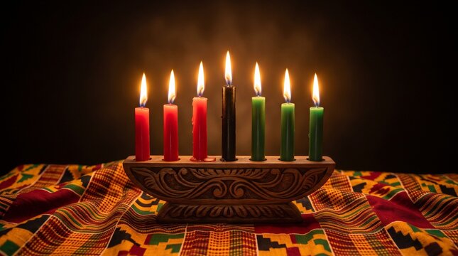 Kwanzaa Kinara with Seven Lit Candles on Kente Cloth 