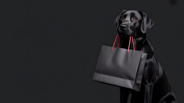 A black labrador retriever dog sitting and holding a shopping bag in its mouth against a dark background