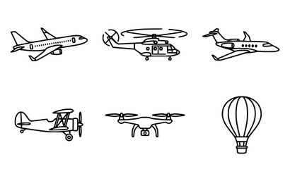 Aviation and Aircraft Line Art Icon Set with Passenger Jet, Helicopter, Private Airplane, Biplane, Drone, and Hot Air Balloon © Mst Rebeka