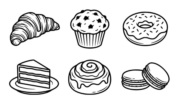 Bakery Pastry and Sweet Dessert Line Art Icon Set with Croissant, Chocolate Chip Muffin, Glazed Donut, Layer Cake Slice, Cinnamon Roll, and Macarons