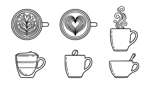 Coffee Art and Hot Beverage Mug Line Art Icon Set with Rosetta Latte Art, Heart Foam, Steaming Cup, and Layered Macchiato Designs
