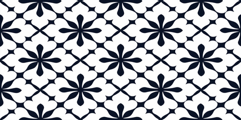 Fototapeta premium Seamless black and white floral pattern with geometric oriental ornaments. Classic monochrome Arabesque background for textile, tile, wallpaper, and wrapping paper design.