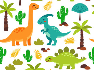 Cute Dinosaur Seamless Pattern with Tropical Plants and Cacti for Kids Wallpaper © Oy
