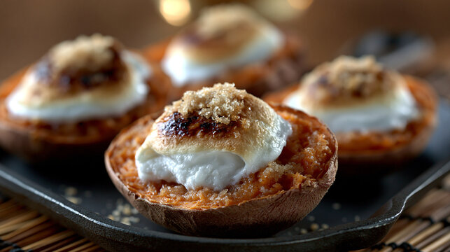 Roasted sweet potato bites topped with toasted marshmallows in cast iron pan, marshmallows