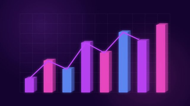 Bar chart rising on neon grid dashboard with animated growth, bars increasing, front view, neon colors