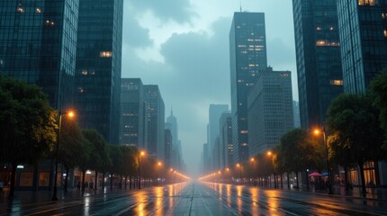 Fototapeta premium Fuerte tormenta de verano sobre el perfil urbano de una ciudad moderna; calles mojadas que reflejan los edificios