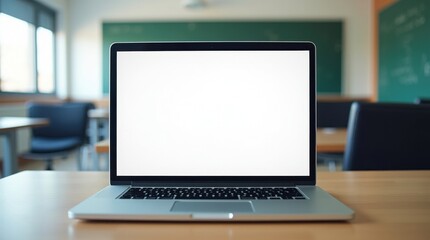 Fototapeta premium Laptop con la pantalla en blanco en la estación de trabajo de un profesor, en un aula moderna