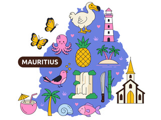 Mauritius Tourist Map Illustration with Dodo and Landmarks © Oy