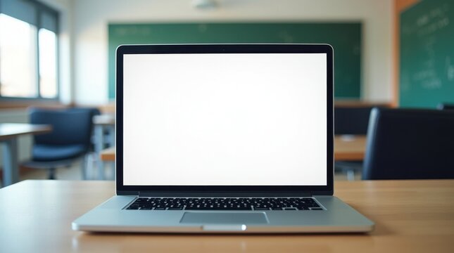 Laptop con la pantalla en blanco en la estaci&oacute;n de trabajo de un profesor, en un aula moderna