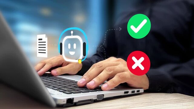 AI Compliance Document Verification Concept. Enterprise Governance, Regulatory Validation Process, Automated Review, Digital Audit, Risk Management. Person Using AI for Secure Approval Management. 4K