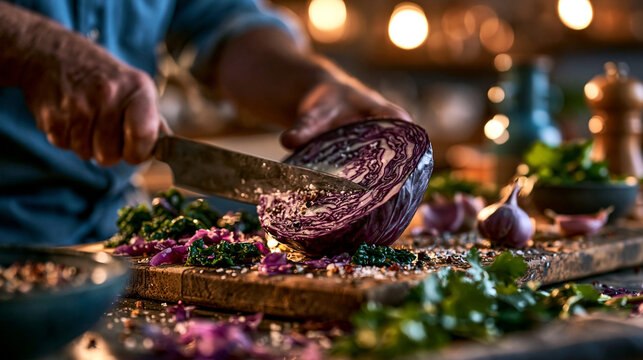 Professional chef chopping red cabbage in rustic kitchen with chopping, vegetable