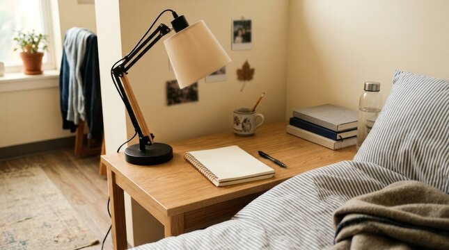 A Comfortable Campus Room Designed for Student Life, Cozy bedroom desk setup with lamp, notebook, and books, next to a striped bed and window.