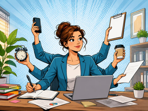 A comic style pop art illustration of a multi-armed business woman managing multiple tasks simultaneously at her desk with focus on multitasking.