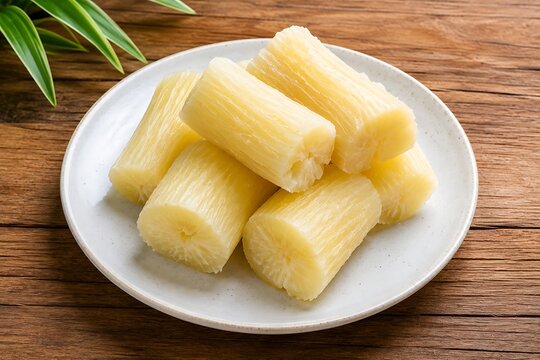 Boiled cassava on a white plate