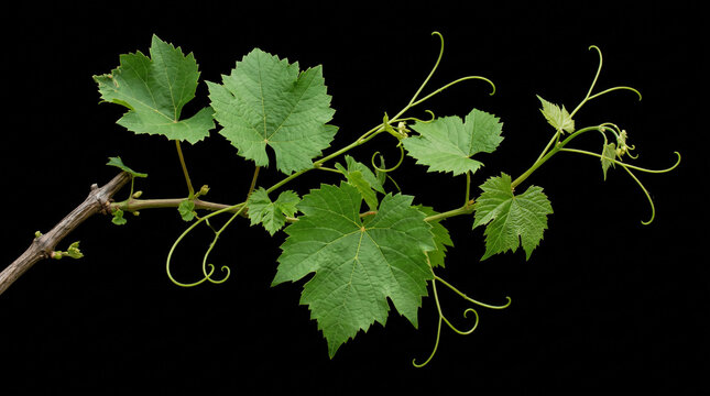 Green grapevine branch with fresh leaves and tendrils against a black background.