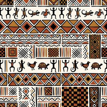 Bogolan mud cloth pattern with lizard crocodile and arrow tribal rock art motifs in terracotta and gold