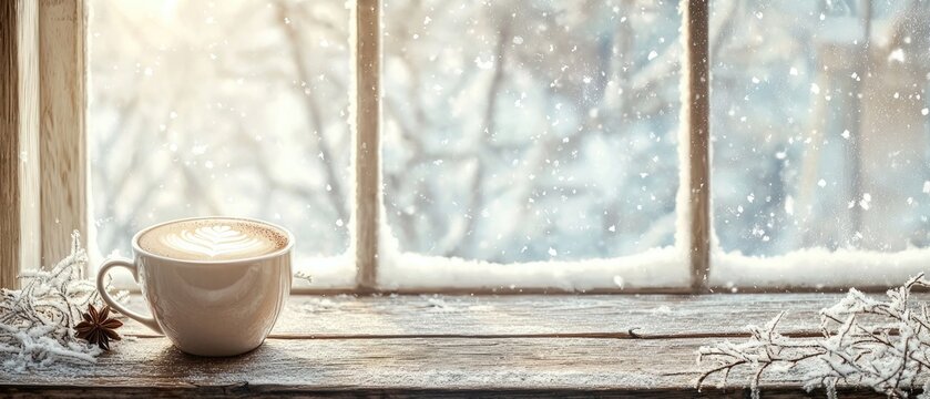Cozy Fireplace View with Coffee Mug and Snow Scene