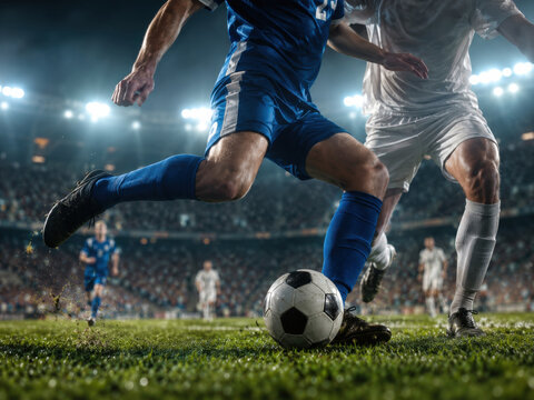 Intense Soccer Match: Players Compete for Ball Control on Vibrant Green Field Under Bright Stadium Lights with focus on duel competing.