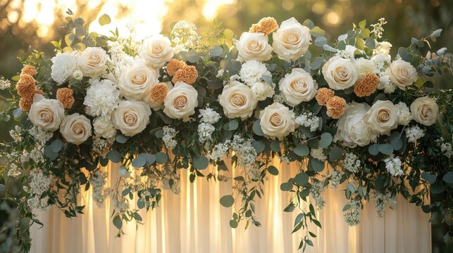 Elegant floral arrangement with roses and greenery for event decor