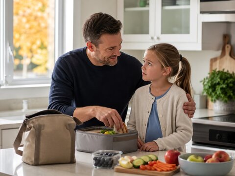 Father comforts worried daughter while packing school lunch
