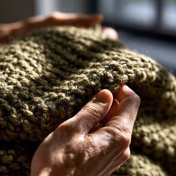 Close up of hands touching cozy chunky knit olive green blanket with relaxation, lifestyle