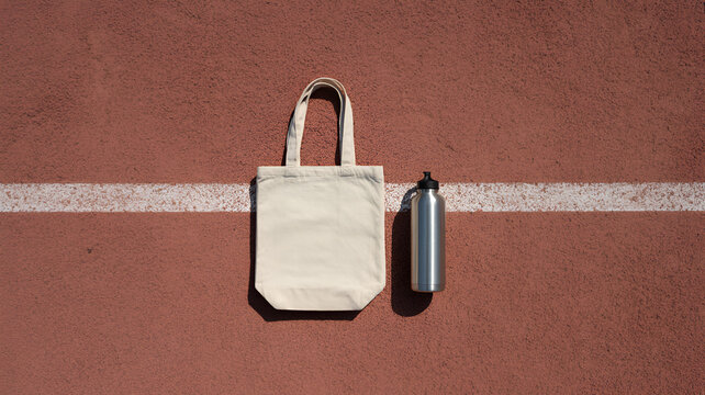 Canvas tote bag and aluminum water bottle on a running track with a white line