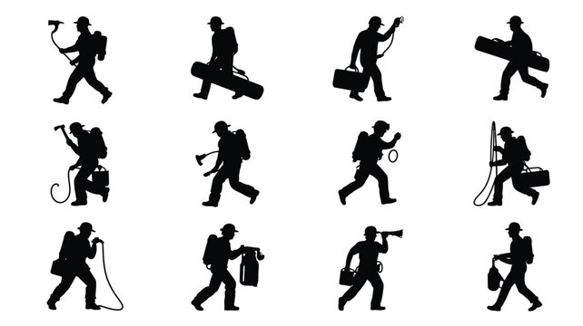 Firefighter silhouette icons set with collection black silhouettes depicting firefighters various poses carrying equipment such axes firefighting extinguisher emergency backpack response