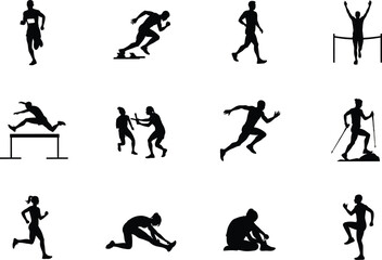 Obraz premium Athletics Sports Vector Collection with Running Sprinting Hurdles Hiking Stretching and Fitness Activities