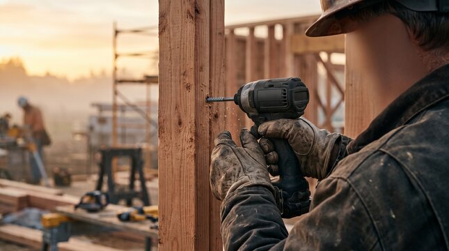 Construction worker framing wooden house using cordless drill to screw stud lumber outdoors during sunset with blurred background.