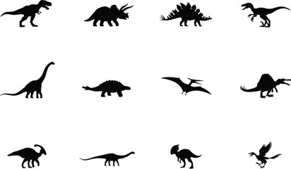 Dinosaur Silhouette Vector Collection with Tyrannosaurus Triceratops Stegosaurus Pterodactyl and Prehistoric Animals Set © MD
