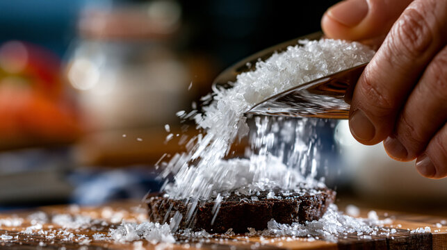 Hand pouring flaky sea salt onto decadent dark chocolate dessert with spoon, food preparat