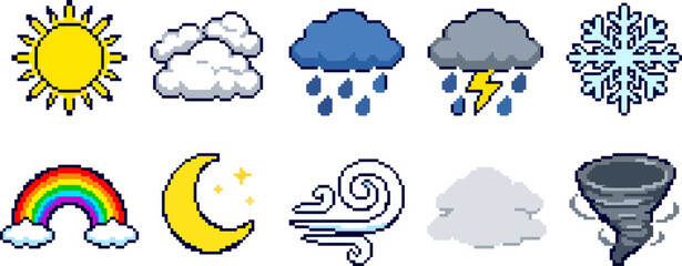 Obraz premium Set of pixel art weather icons including sun, clouds, rain, thunderstorm, snow, rainbow, moon, wind, fog, and tornado