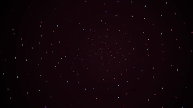 Binary digits spiraling into dark vortex with inward rotation, dark background, inward motion, rotating