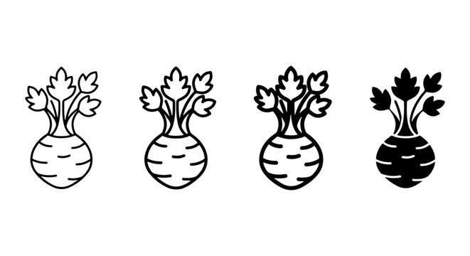 Celeriac Root Vegetable Icons, Organic Produce Vector Graphics, Healthy Food Line Art Set