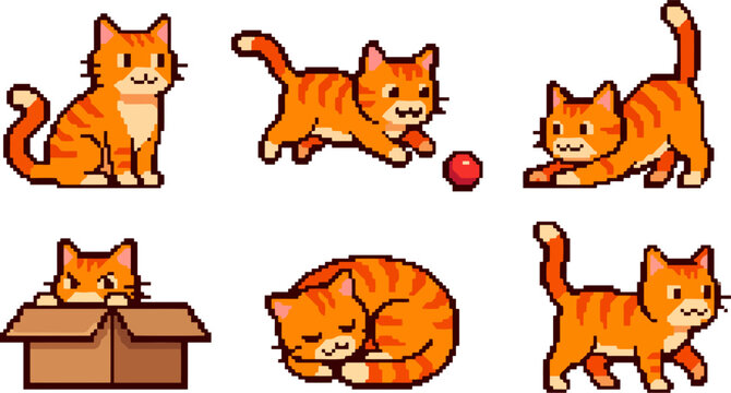Set of cute orange tabby cats in various poses, pixel art style illustration of funny kittens sitting, playing with a ball, stretching, hiding in a box, sleeping, and walking