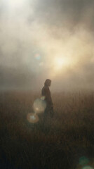 Fototapeta premium Silhouette Of A Lone Person Standing In A Grassy Field At Sunrise With Morning Mist And Lens Flare