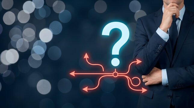 Executive decision making process featuring a thinking businessman with glowing question mark and diverging arrows representing strategic choices
