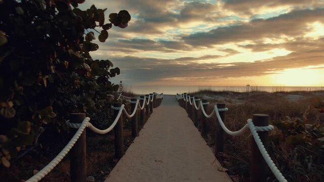 4k high resolution stock videGolden Gate Bridge at Sunset Over Ocean with Scenic Coastal Landscape, Wooden Pier Walkway, Blue Sky and Golden Dusk Light Creating a Stunning California Architecture View