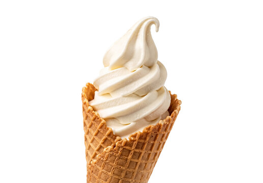 Vanilla Soft Serve Ice Cream Swirl in Crisp Waffle Cone Isolated on Transparent Background, Creamy Sweet Dairy Dessert Cutout Studio Shot