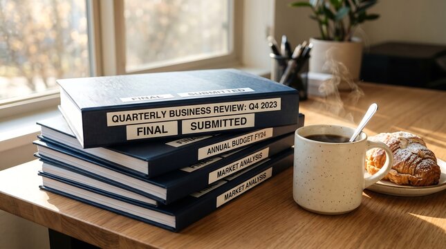 Stacks of Final Submitted Reports with Morning Coffee and Pastry