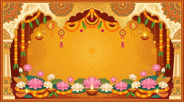 Flat vector Indian festival background with lotus flowers, marigold garlands, decorative arches, geometric mandala ornaments