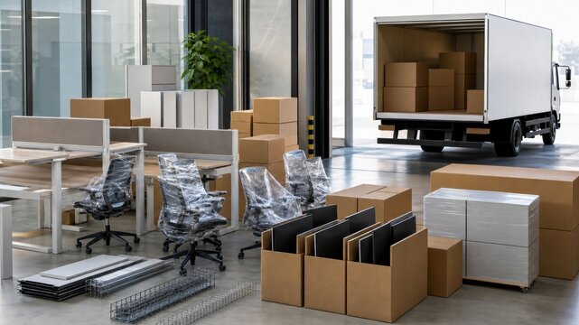 Office equipment is being packed and moved into a truck at a warehouse during daylight hours