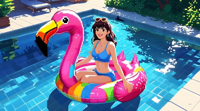 Pixel art woman relaxing on a vibrant flamingo float in a sunny pool.