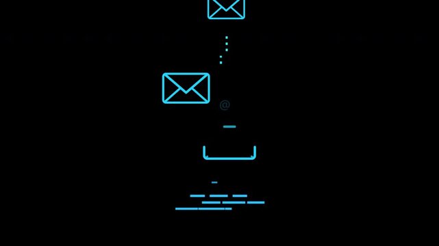 Floating email envelope icons sending messages above scrolling message lines. Symbol of bulk email service for sending large numbers of messages. Email marketing, newsletters, mailing, communication.
