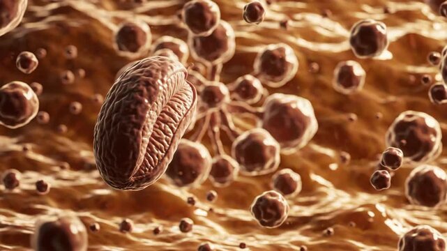 Cytoplasm cell with drifting particles floating fluid showing detailed organic texture biological microscopic brown structure science biology