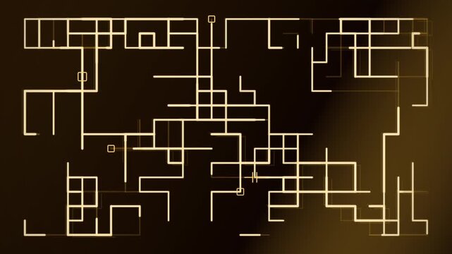 Geometric lines sliding across dark digital background, horizontal motion, frontal view, glowing